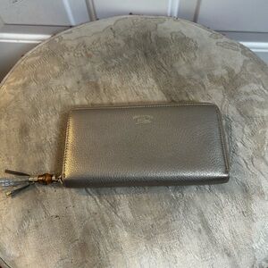 Gucci Metallic Bronze Leather Long Zip Around Wallet with Bamboo Tassel